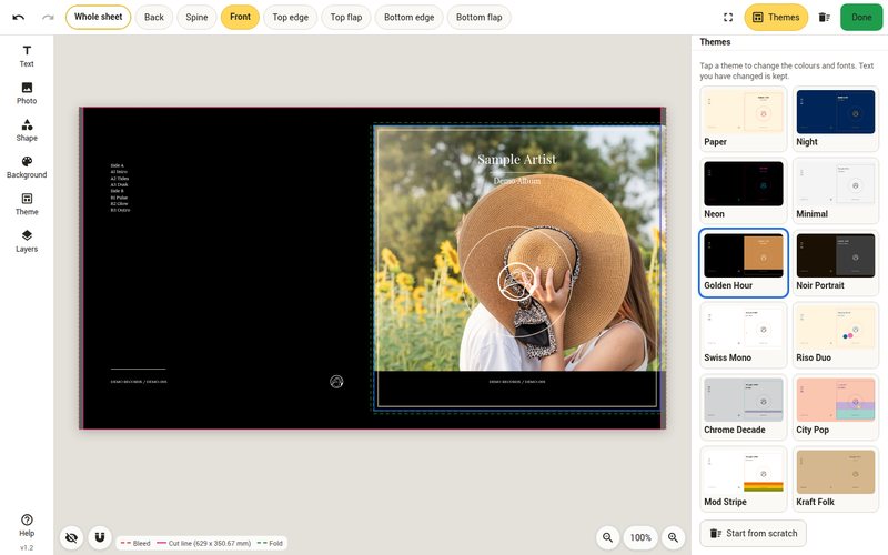 Print Studio on a laptop: the 12 inch jacket laid flat with the Themes pane open, twelve theme tiles down the right