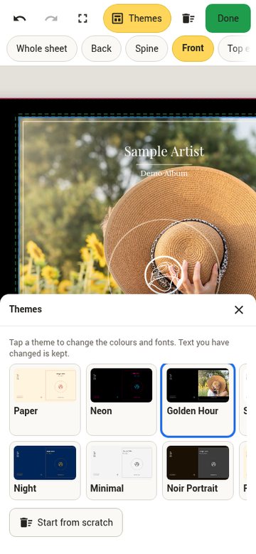 Print Studio on a phone: the same design with the theme tiles in two scrolling rows